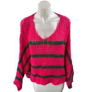 Moment Pink Green Wool Crochet Knit Striped Long Sleeve V Neck Sweater Size S